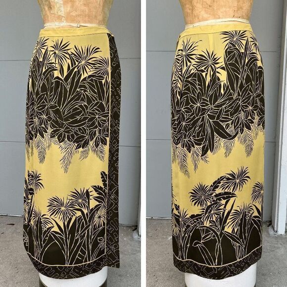 Vintage Tropical Silk Wrap Skirt, Leafy Print, Boho, Rena Rowan - Medium - Picture 1 of 6